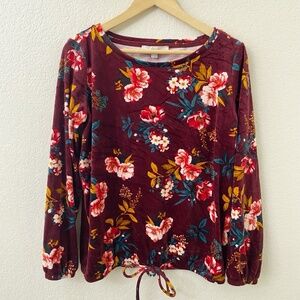 LOFT Velour Velvet Top Size Small Burgundy Floral Long Sleeves
